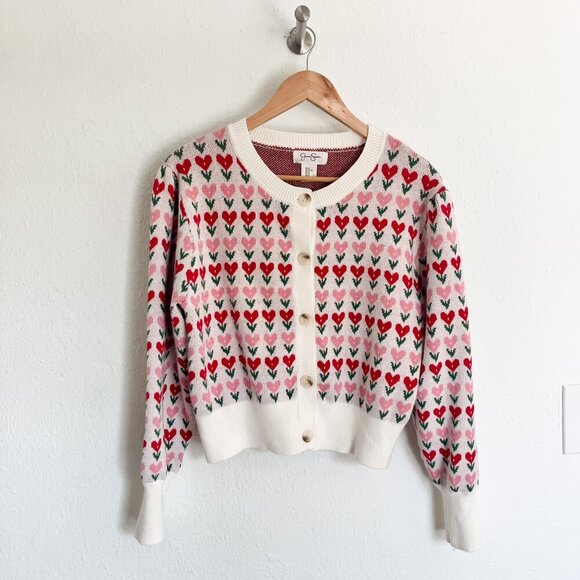 Jessica Simpson Sweaters - Button Up Puff Sleeve Cardigan Long Sleeve Sweater with Hearts Novelty Valentine
